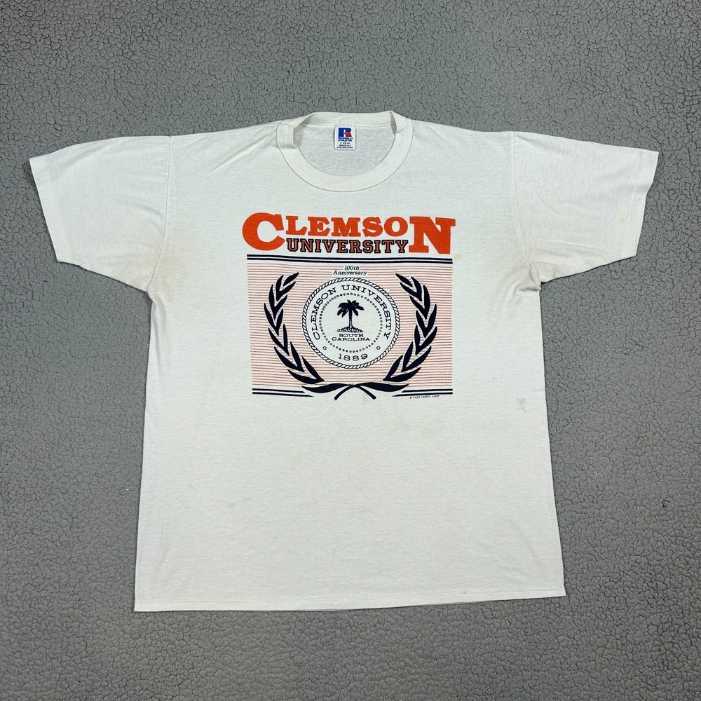 Vintage Russell Athletic Clemson University T Shirt White Mens Large USA‎ Made